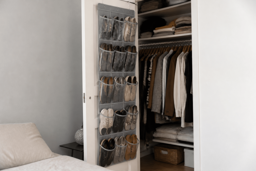 Porte placard ouverte avec pochettes rangement chaussures integrees