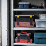 Outils et boites empiles sur etageres metalliques garage