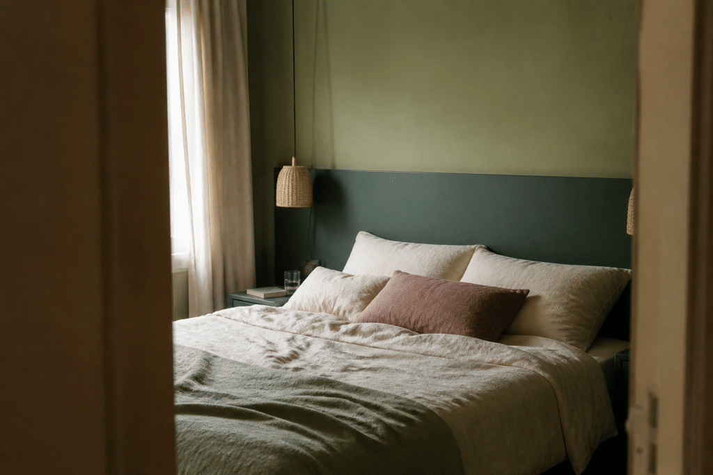 Tete de lit peinte couleur contrastante avec murs assortis