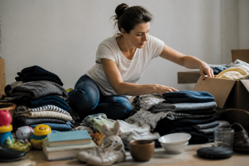 Personne triant vetements et objets en piles separees