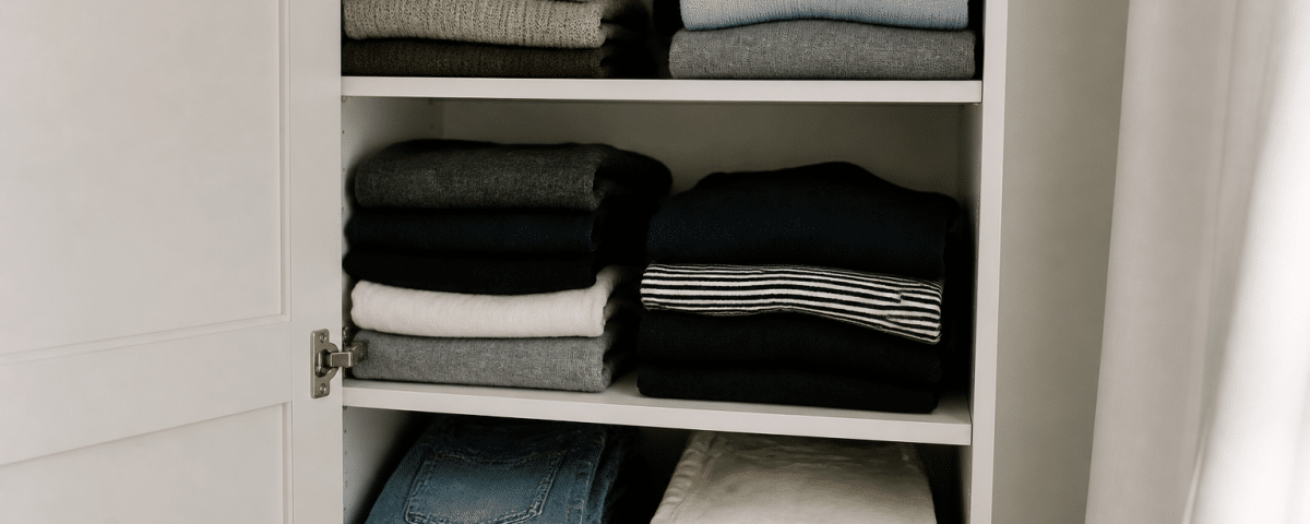 Vetements plies soigneusement ranges dans placard ouvert blanc