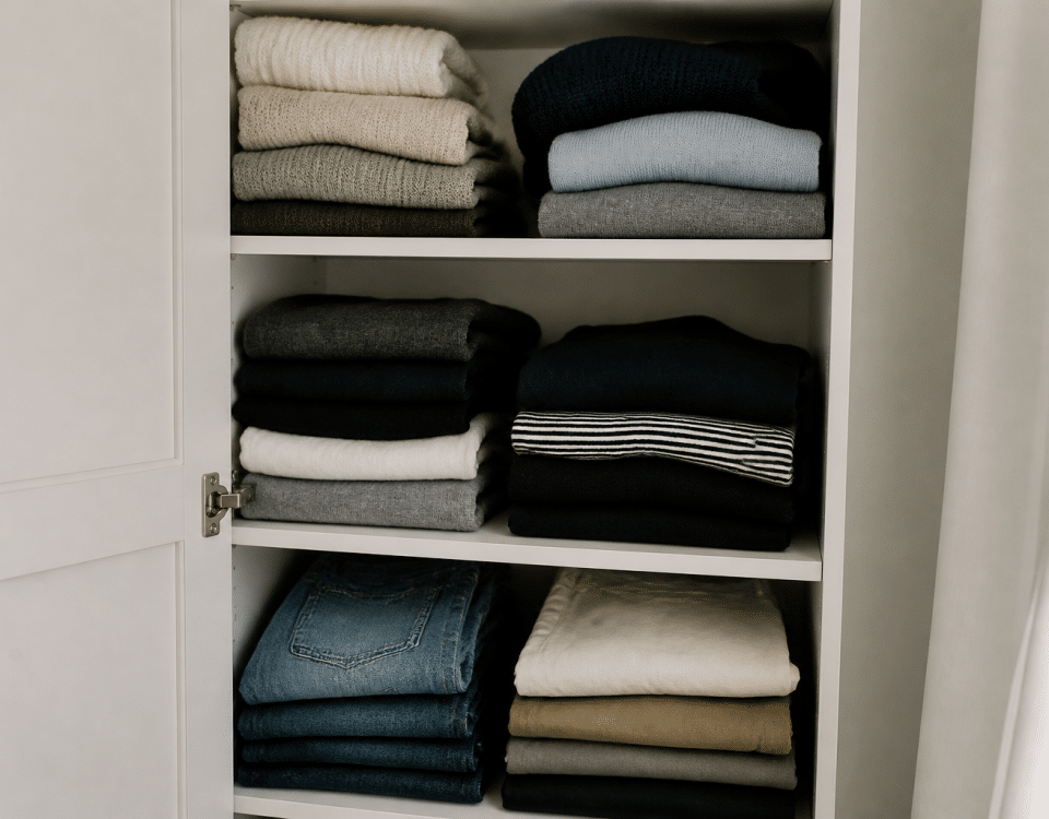 Vetements plies soigneusement ranges dans placard ouvert blanc