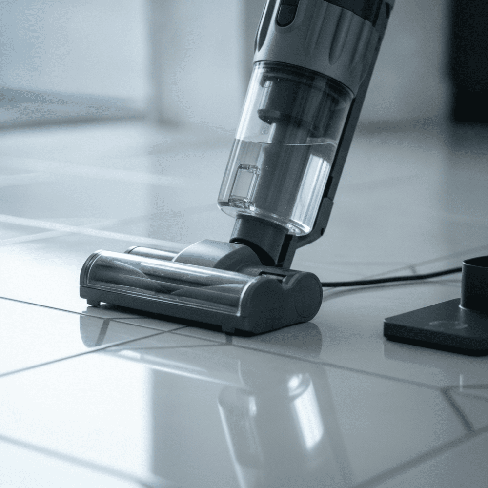 Gros plan sur un aspirateur laveur avec réservoir d'eau transparent posé sur un sol carrelé