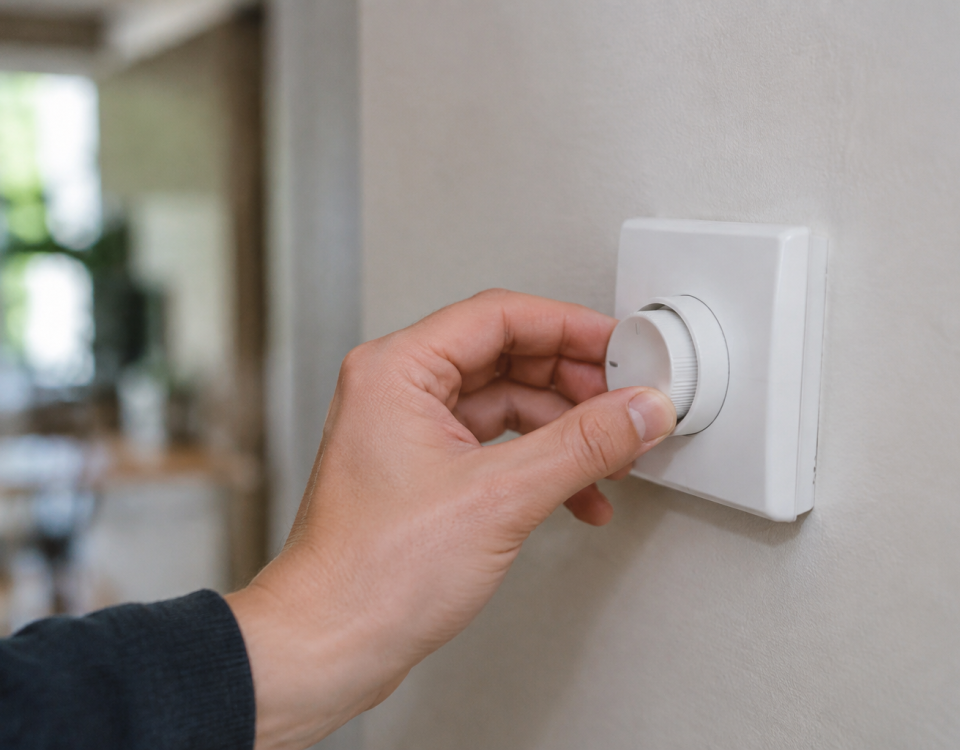 Main tourne bouton thermostat blanc mural